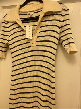 Moon River Cream and Black Striped Ribbed Knit Polo Dress